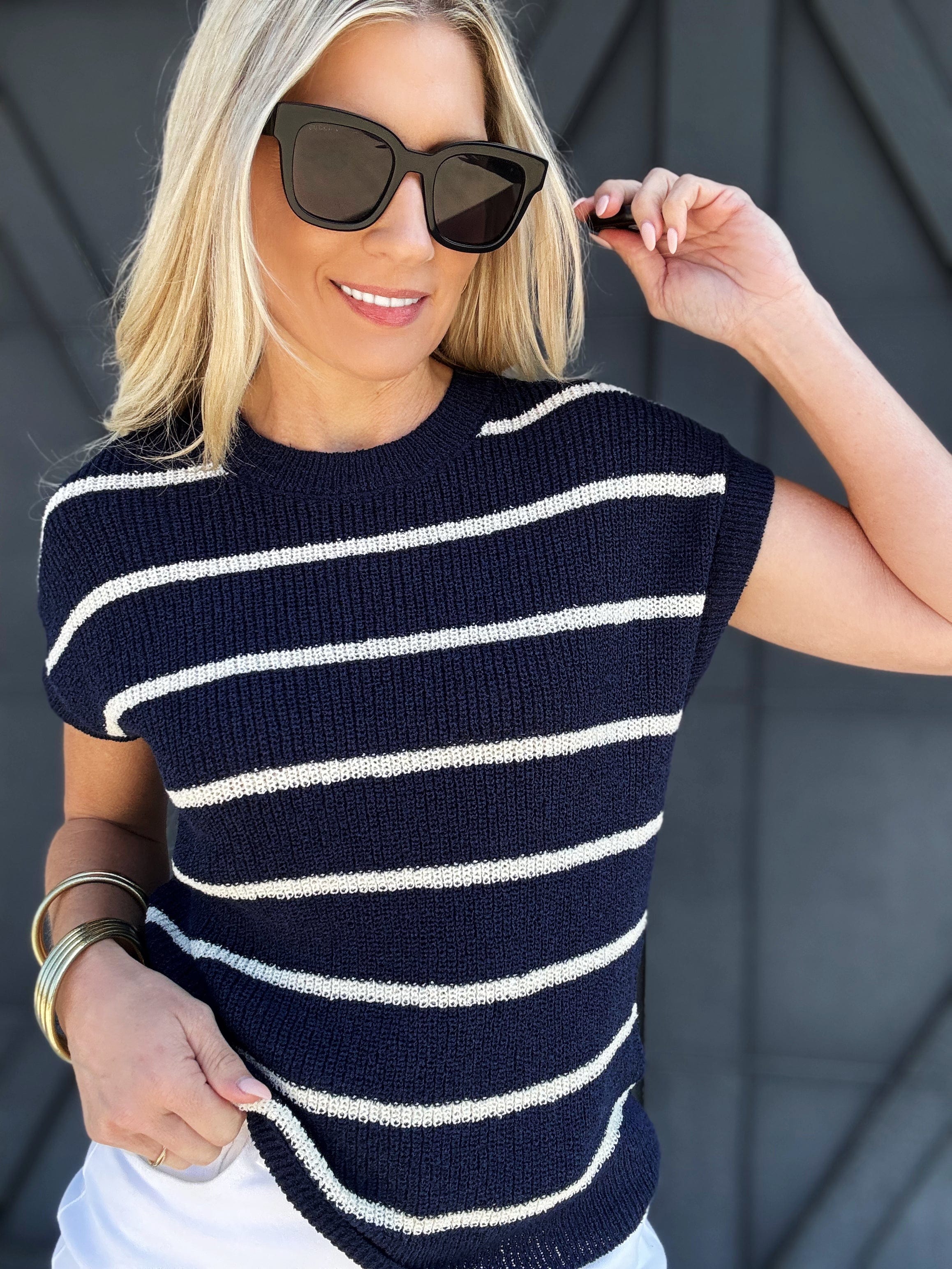 Striped Knit Sweater In Navy - Infinity Raine