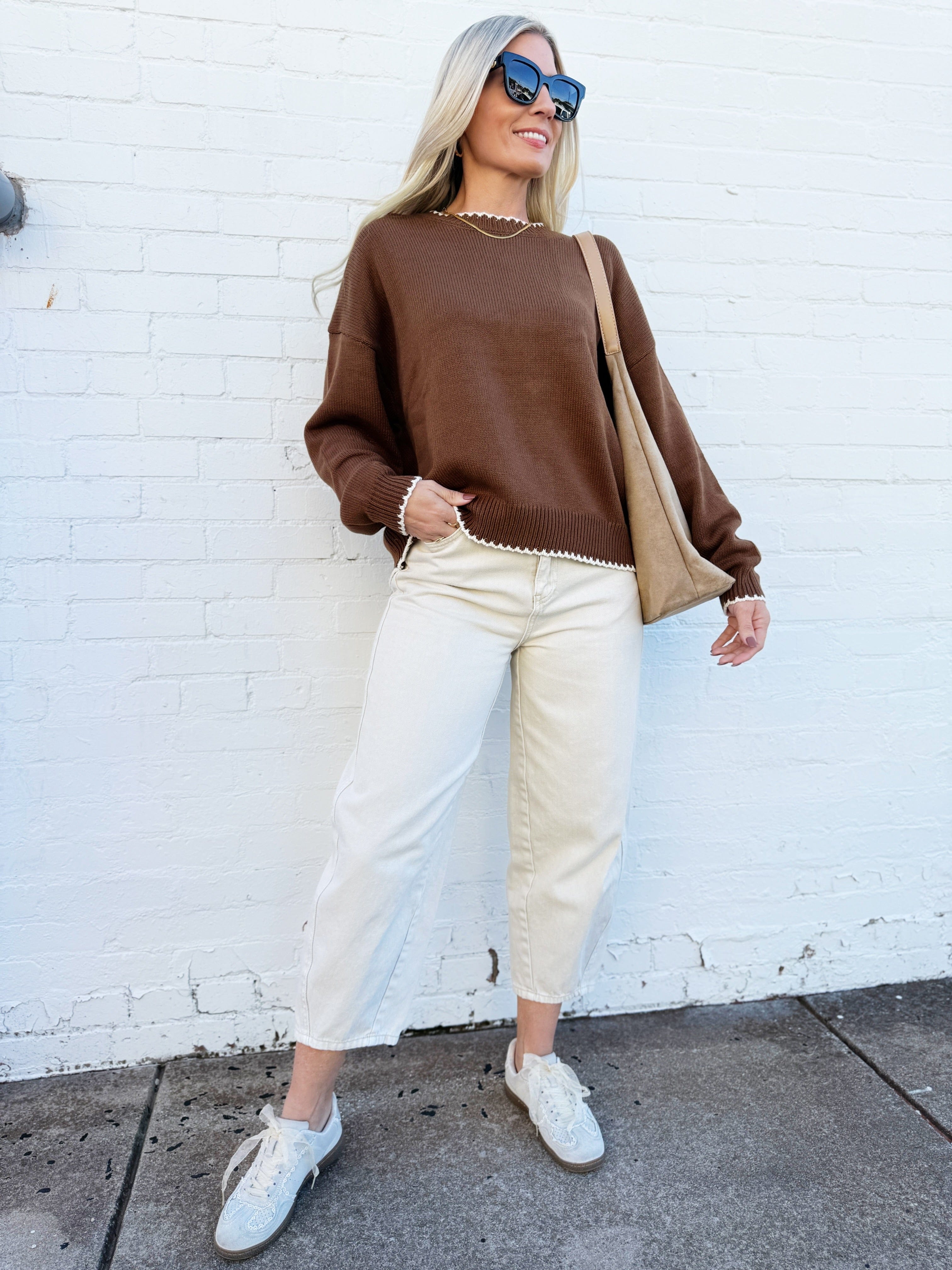 blu pepper Tops - Sweaters Trimmed Round Neck Sweater In Brown