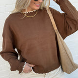 blu pepper Tops - Sweaters Trimmed Round Neck Sweater In Brown