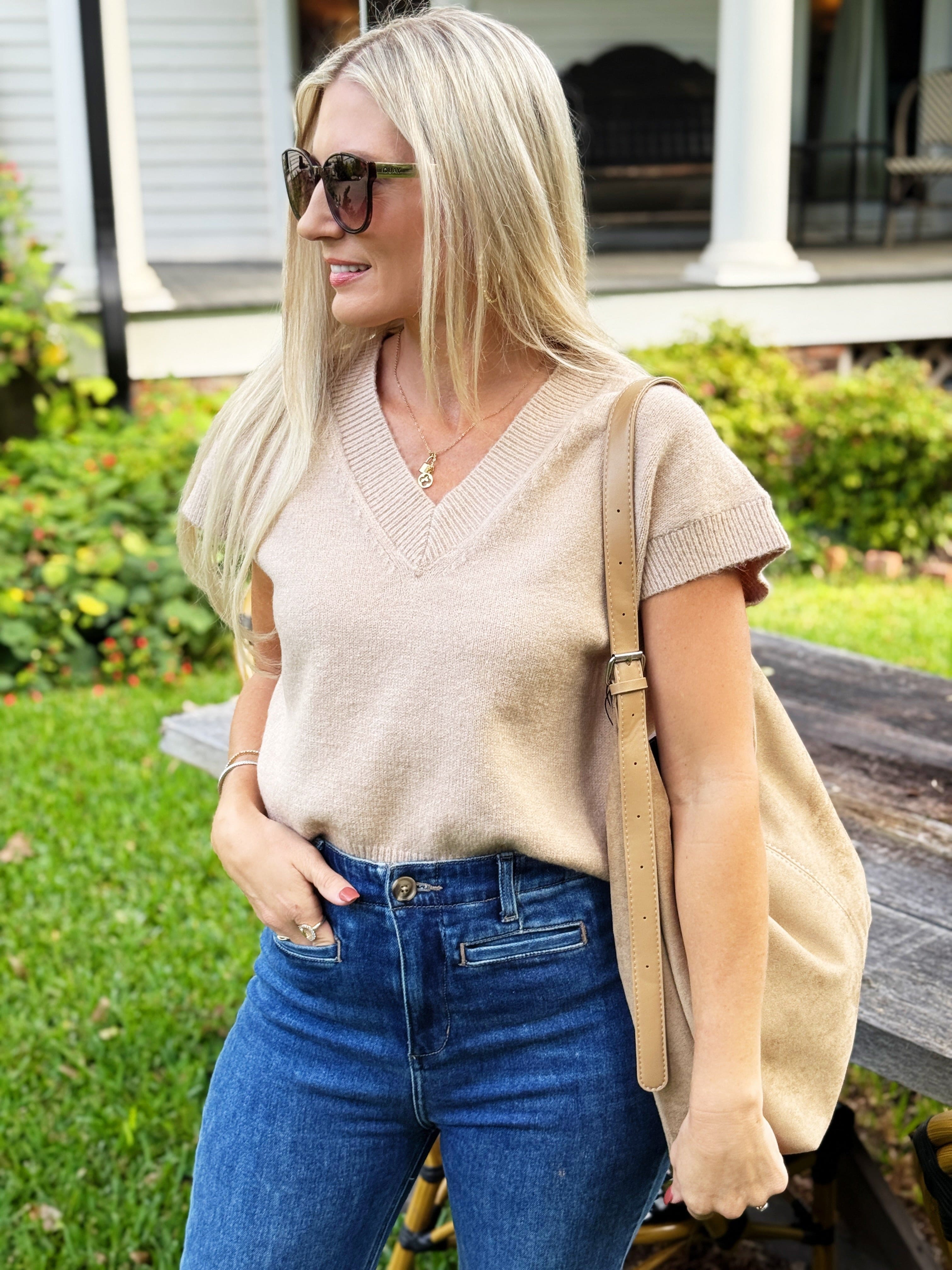 blu pepper Tops - Sweaters V Neck Short Sleeve Knit Pullover Sweater Light Khaki