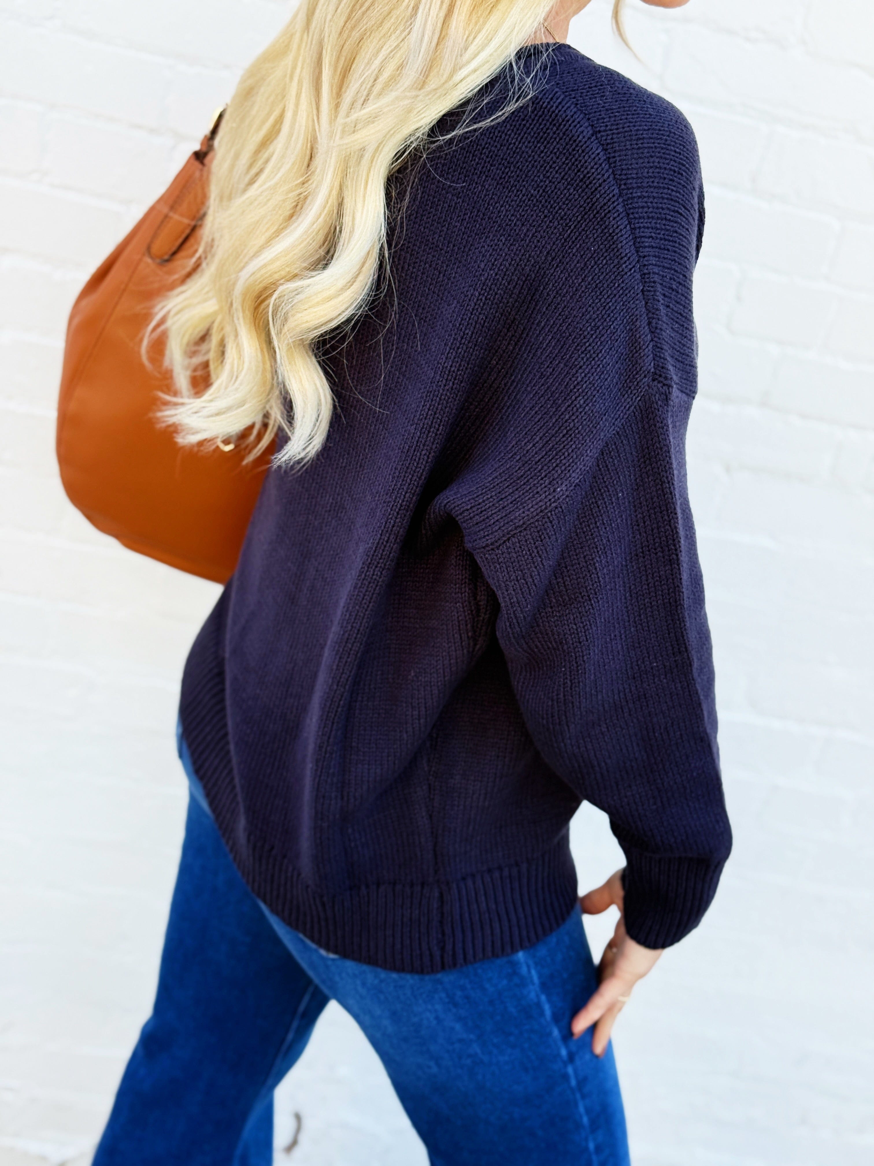 blu pepper Tops - Sweaters Western Boot Knit Sweater In Navy