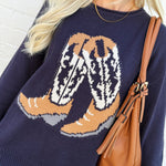 blu pepper Tops - Sweaters Western Boot Knit Sweater In Navy