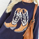 blu pepper Tops - Sweaters Western Boot Knit Sweater In Navy