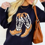 blu pepper Tops - Sweaters Western Boot Knit Sweater In Navy