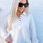 blu pepper Tops - Sweatshirts Collared Half Snap Button Long Sleeve Knit Top In Cream
