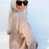 blu pepper Tops - Sweatshirts Collared Half Snap Button Long Sleeve Knit Top In Khaki