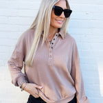 blu pepper Tops - Sweatshirts Collared Half Snap Button Long Sleeve Knit Top In Khaki