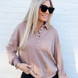 blu pepper Tops - Sweatshirts Collared Half Snap Button Long Sleeve Knit Top In Khaki