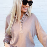 blu pepper Tops - Sweatshirts Collared Half Snap Button Long Sleeve Knit Top In Khaki