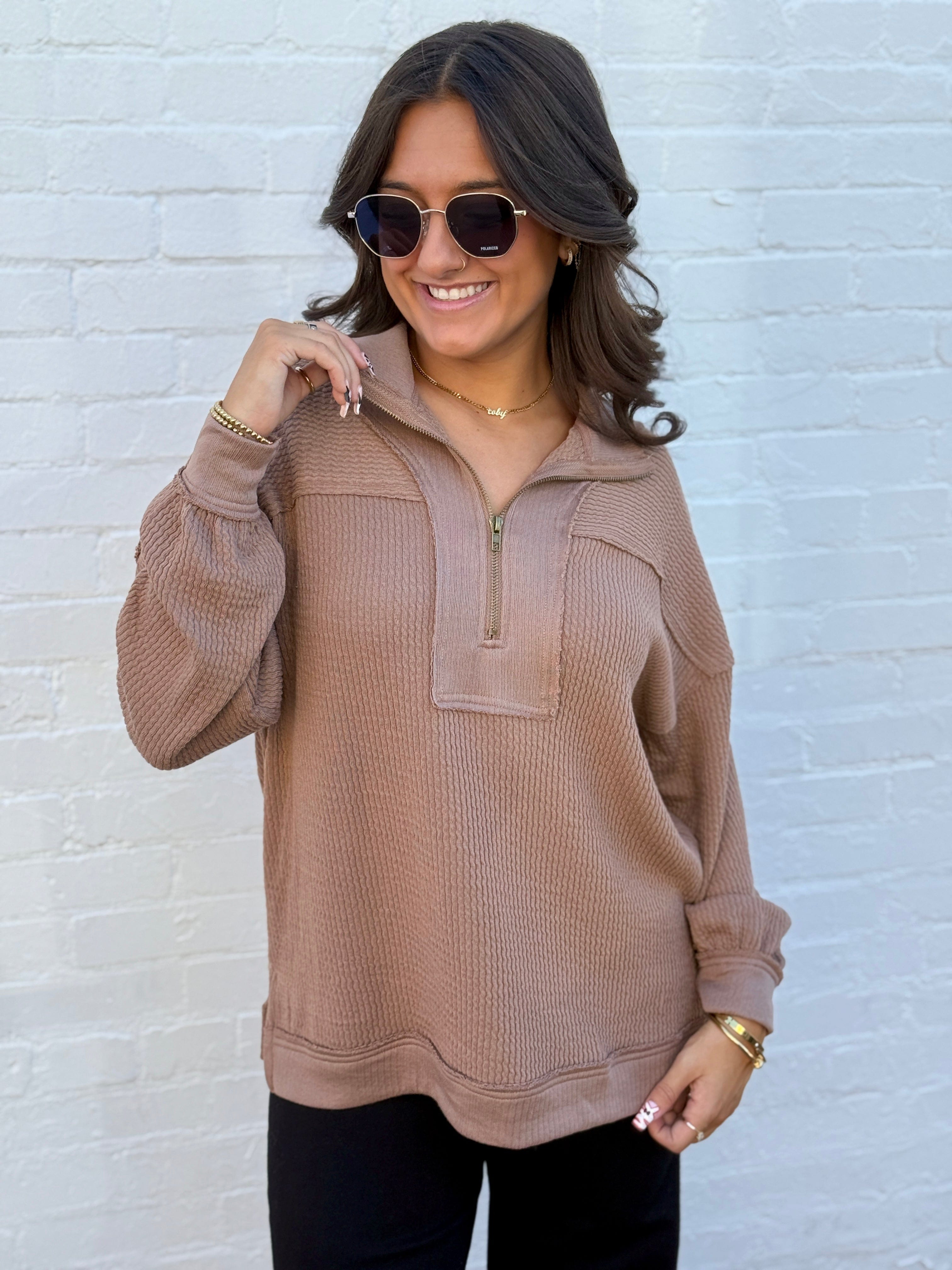 blu pepper Tops - Sweatshirts Half Zip Waffle Pullover In Mocha