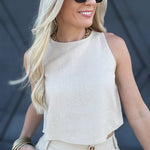 Round Neck Linen Crop Top In Khaki - Infinity Raine
