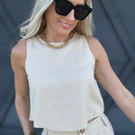 Round Neck Linen Crop Top In Khaki - Infinity Raine