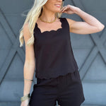 Scallop Hem Linen Top In Black - Infinity Raine