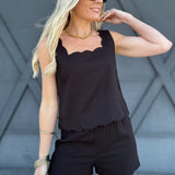 Scallop Hem Linen Top In Black - Infinity Raine