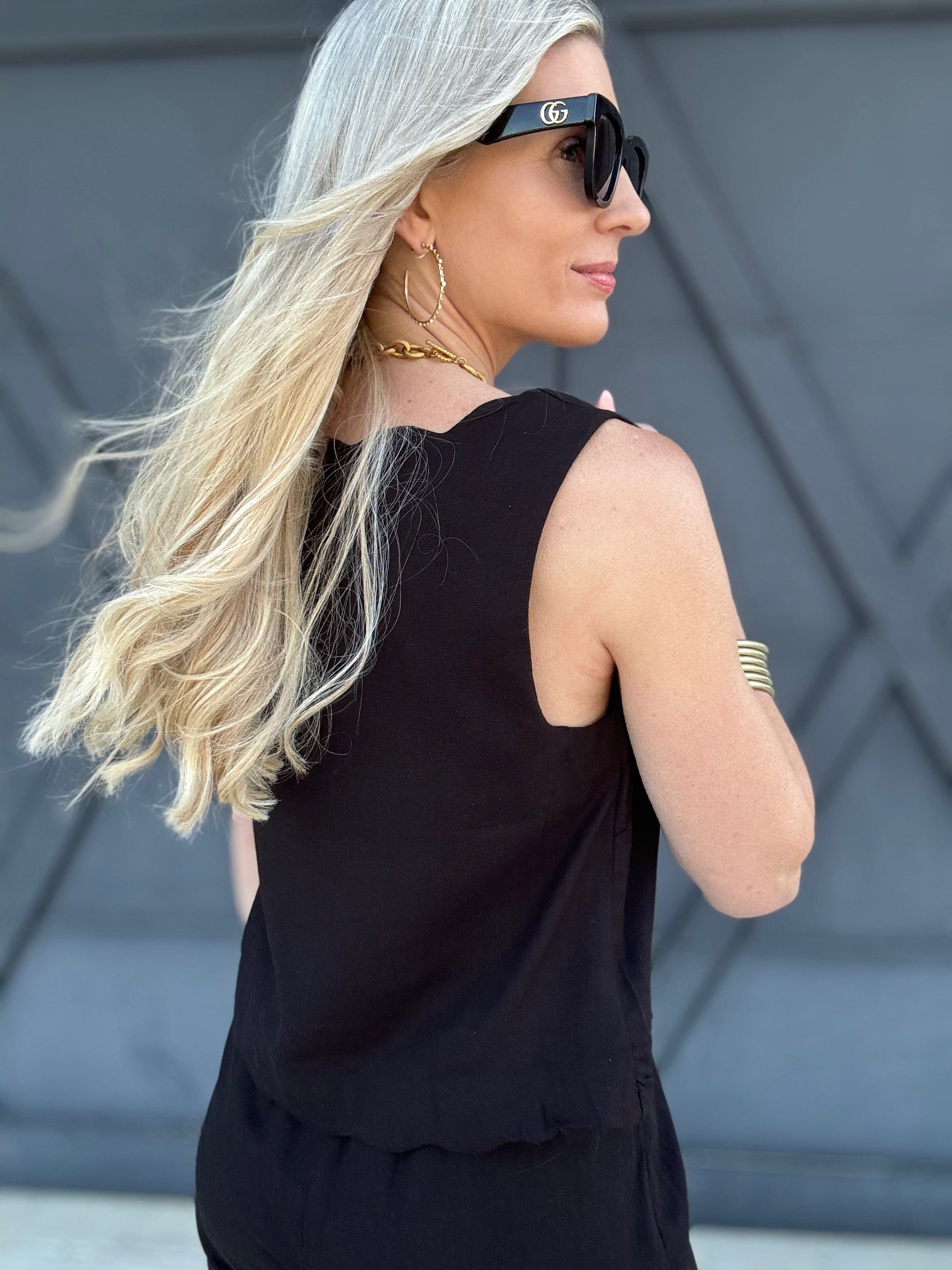 Scallop Hem Linen Top In Black - Infinity Raine