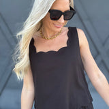 Scallop Hem Linen Top In Black - Infinity Raine