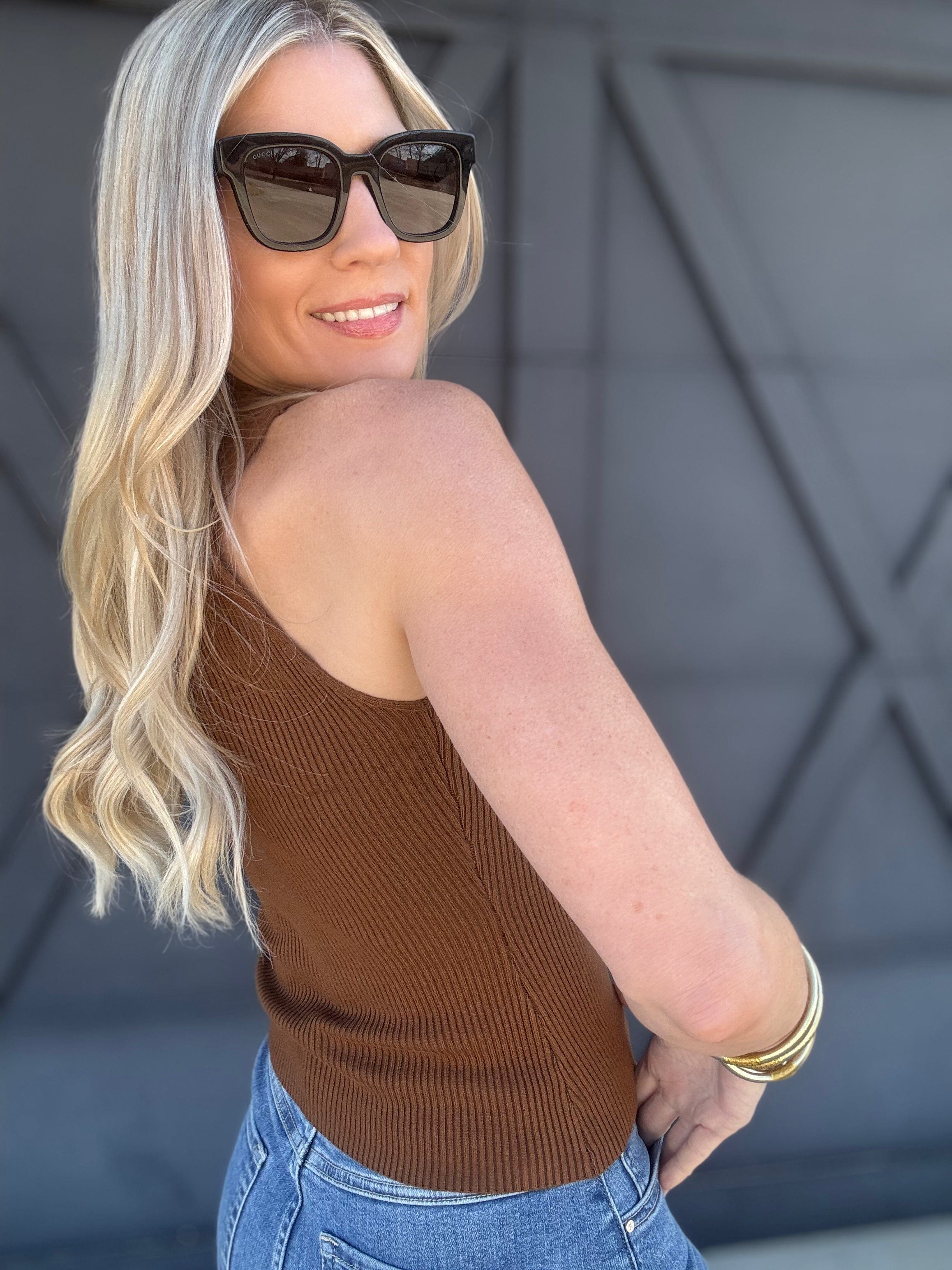 Sleeveless Mock Neck Sweater Knit Top In Brown - Infinity Raine