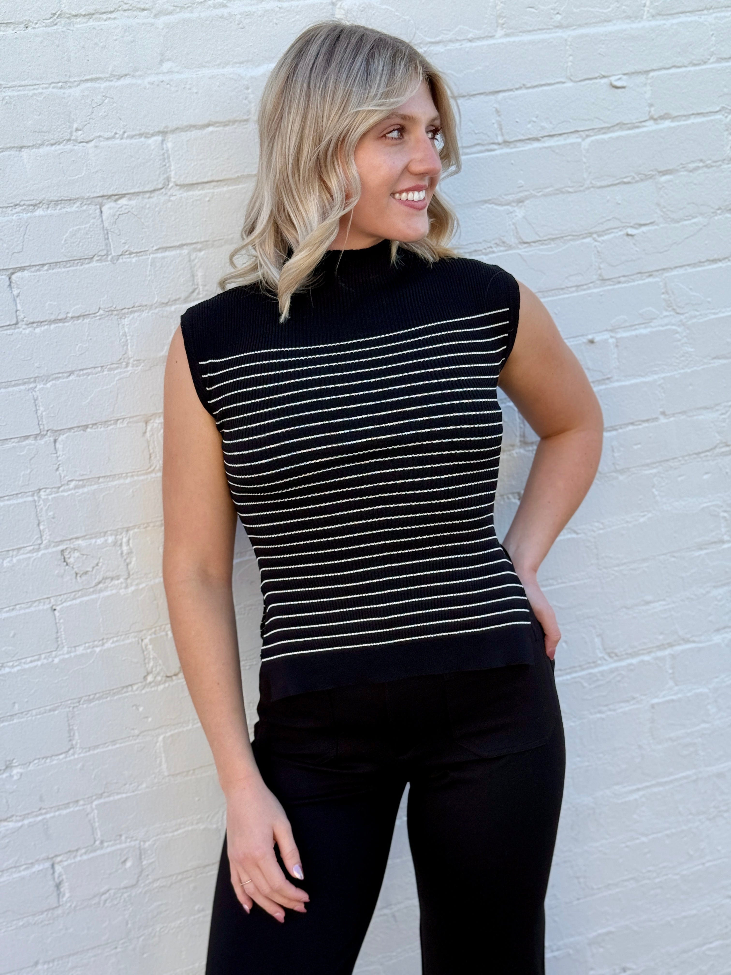 blu pepper Tops - Tanks Stripe Mock Neck Side Slit Sweater In Black