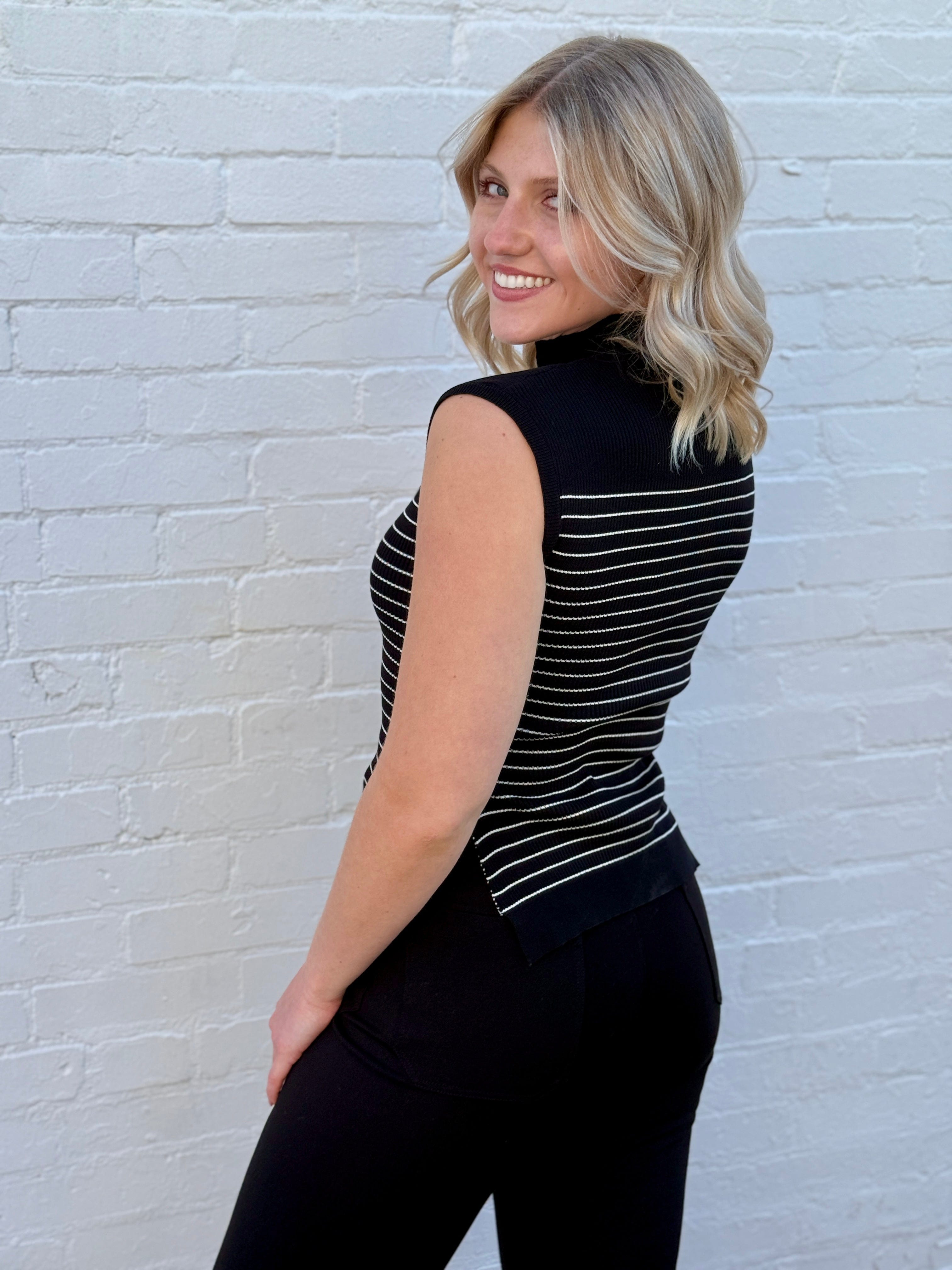 blu pepper Tops - Tanks Stripe Mock Neck Side Slit Sweater In Black