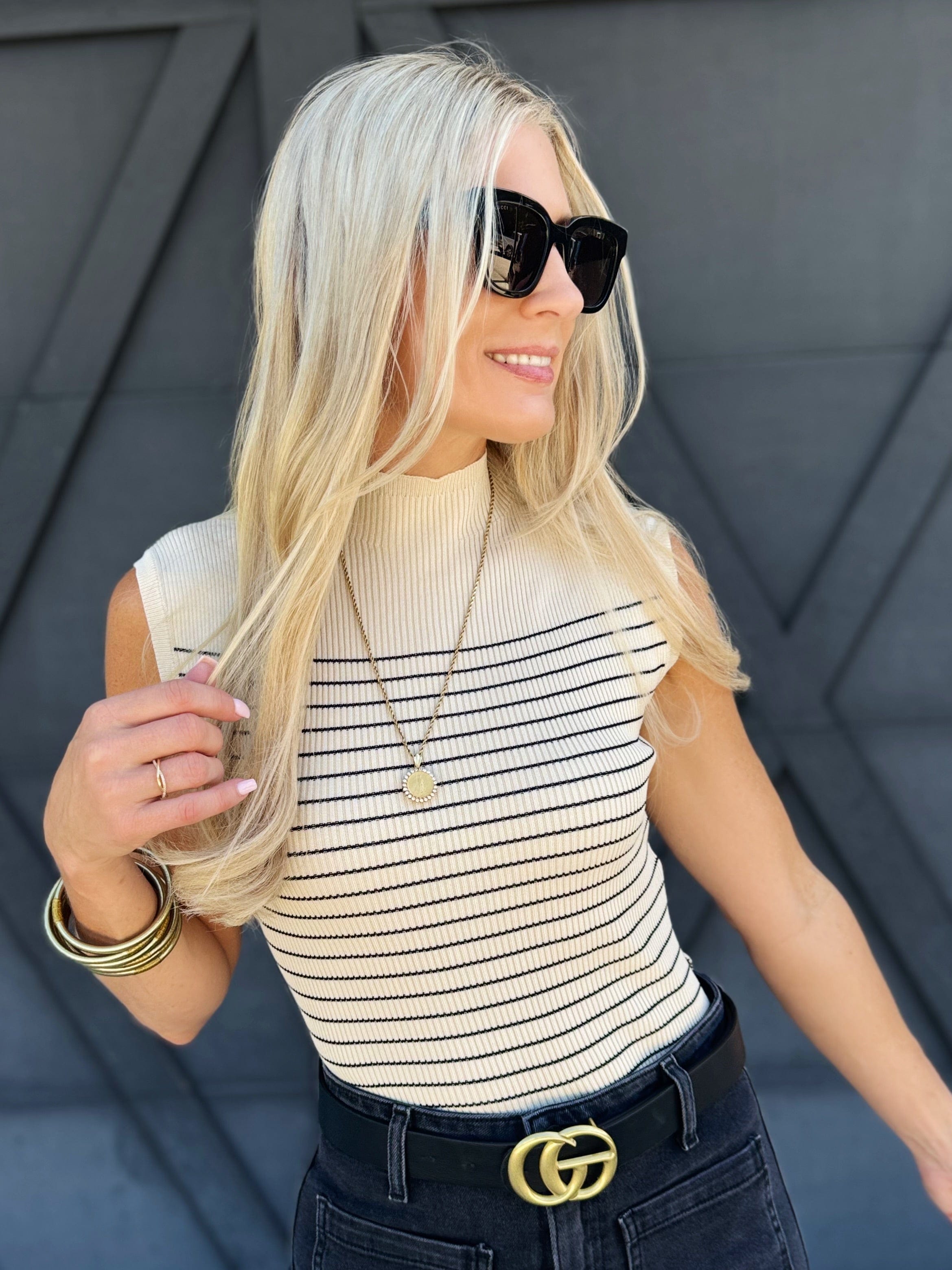 Stripe Mock Neck Side Slit Sweater - Infinity Raine