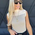 Stripe Mock Neck Side Slit Sweater - Infinity Raine