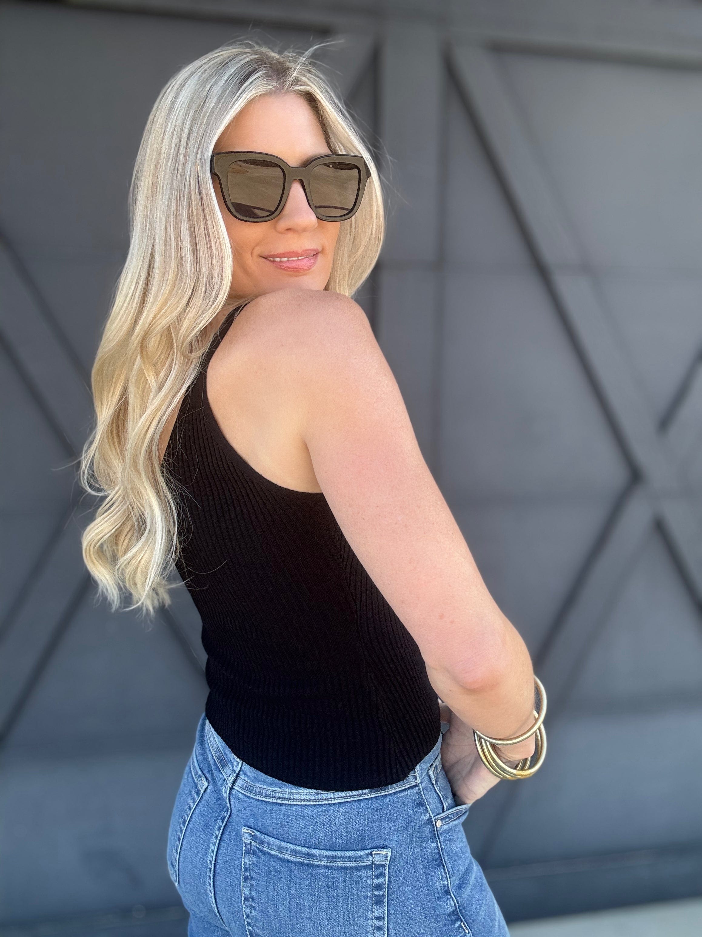 V-Neck Sweater Knit Cami Tank In Black - Infinity Raine