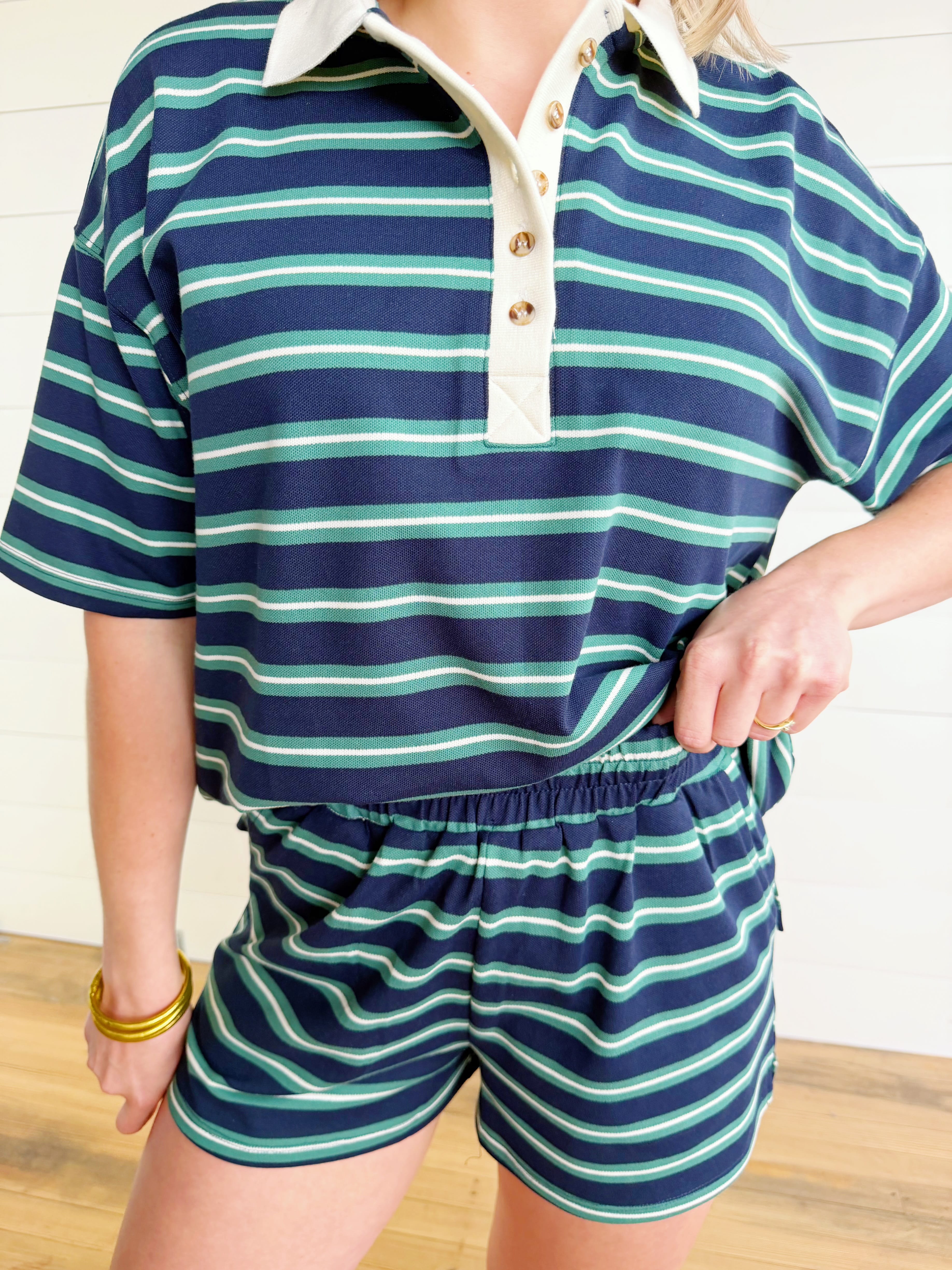 Multi-color Stripe Elastic Waist Knit Mini Shorts In Navy - Infinity Raine