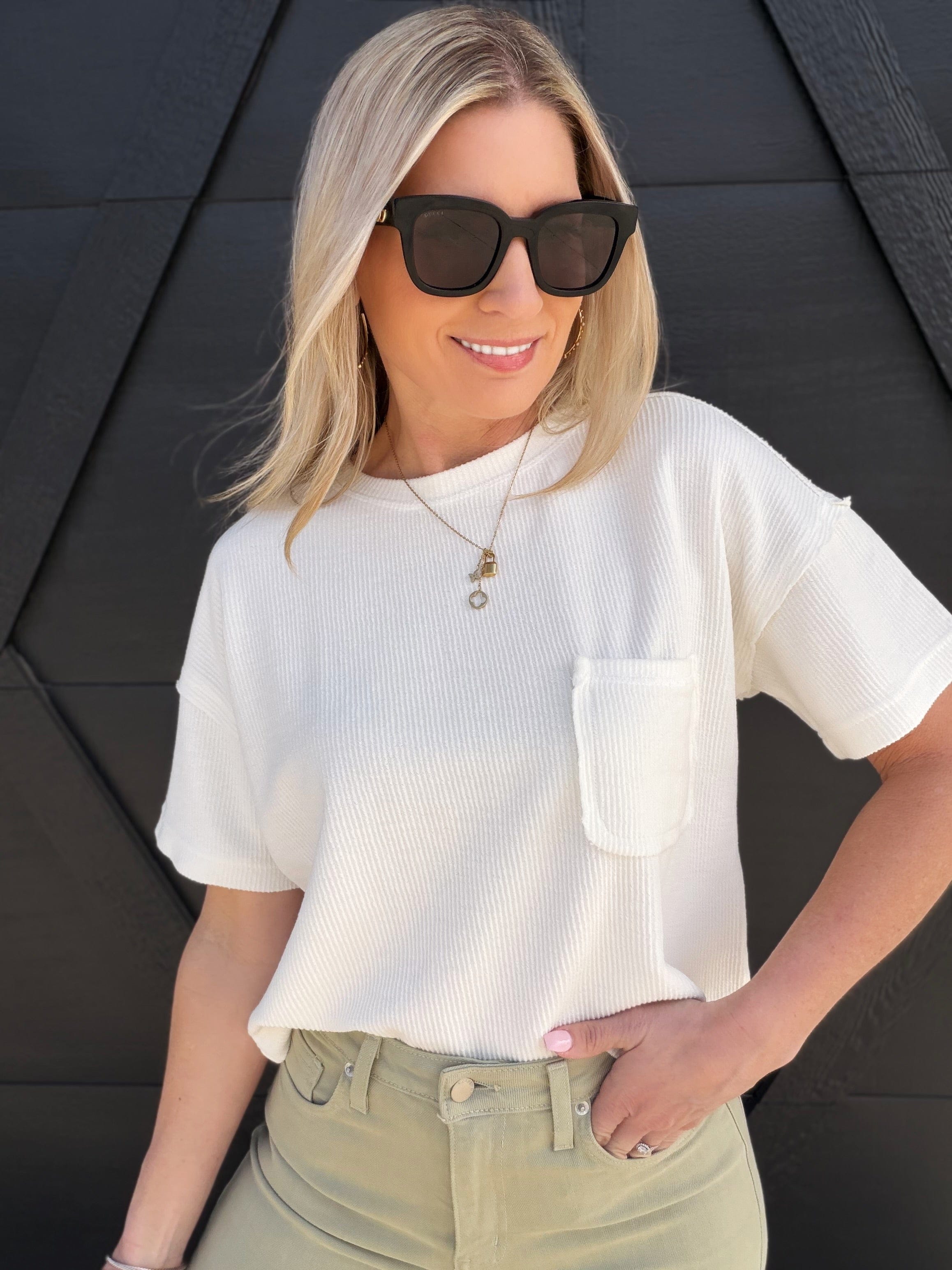 blu pepper Tops - Tees Ribbed Pocket Detail Knit Top In Ivory