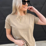blu pepper Tops - Tees Round Neck Short Sleeve Exposed Seam Knit Top In Mocha