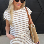 blu pepper Tops - Tees Stripe Round Neck Short Sleeve Knit Top In Khaki