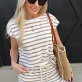 blu pepper Tops - Tees Stripe Round Neck Short Sleeve Knit Top In Khaki