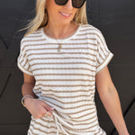 blu pepper Tops - Tees Stripe Round Neck Short Sleeve Scrunch Knit Top In Khaki