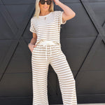 blu pepper Tops - Tees Stripe Round Neck Short Sleeve Scrunch Knit Top In Khaki