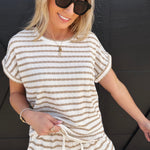 blu pepper Tops - Tees Stripe Round Neck Short Sleeve Scrunch Knit Top In Khaki