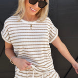 blu pepper Tops - Tees Stripe Round Neck Short Sleeve Scrunch Knit Top In Khaki