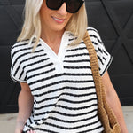 blu pepper Tops - Tees Stripe Split Neck Short Sleeve Scrunch Knit Top In Black