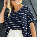 Striped Extended Shoulder V-Neck In Navy - Infinity Raine