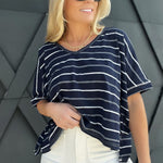 Striped Extended Shoulder V-Neck In Navy - Infinity Raine