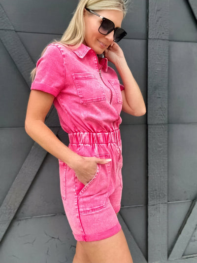 Garment Washed Utility Denim Romper-Pink - Infinity Raine