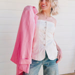 Twill Rhinestone Button Tube Top In White - Infinity Raine