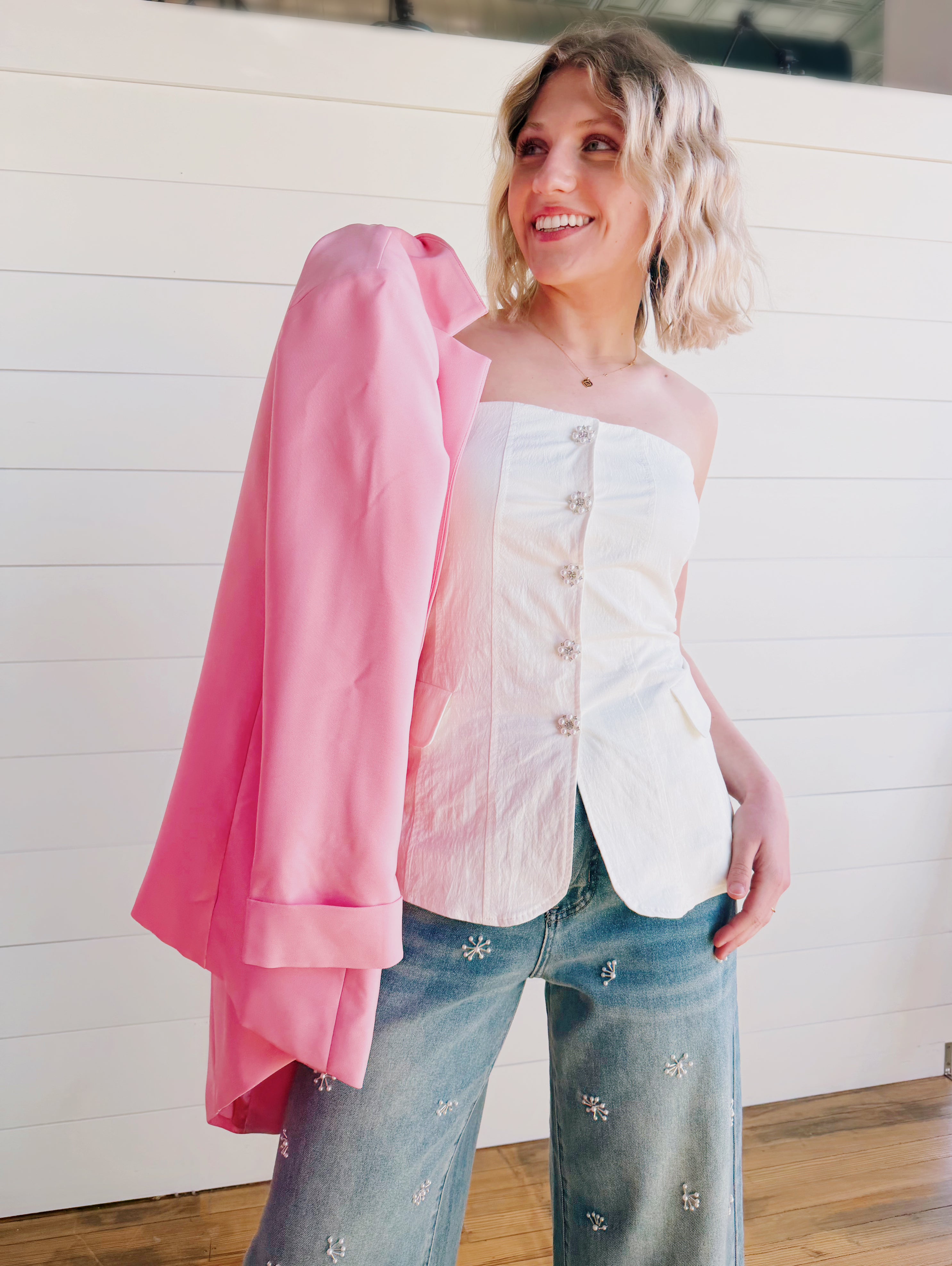 Blue B Tops - Blouses Twill Rhinestone Button Tube Top In White