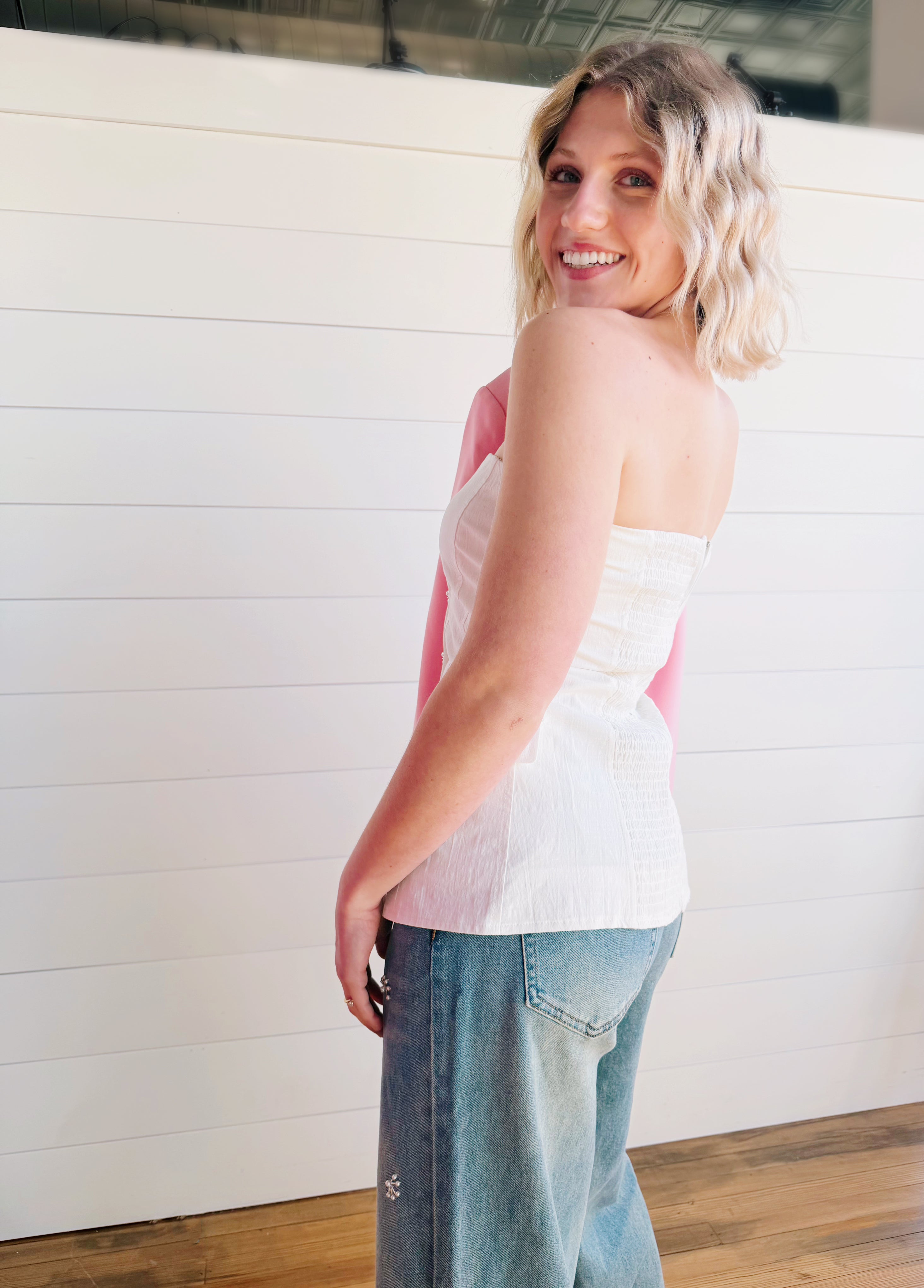 Blue B Tops - Blouses Twill Rhinestone Button Tube Top In White