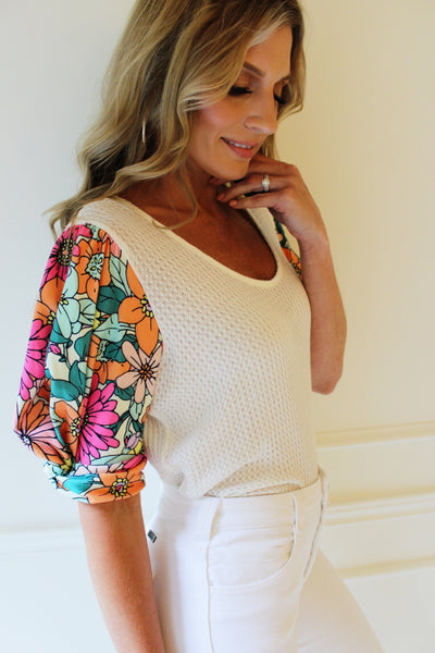 Flower Printed Top With Cotton Jersey Sleeves- Off White Mix - Infinity Raine