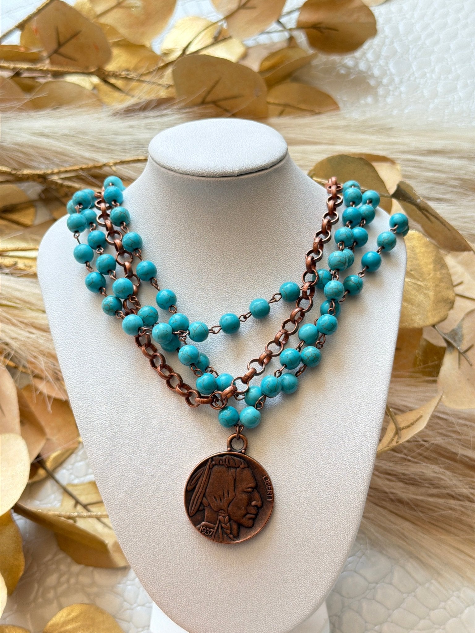Blue Turquoise Collar Length necklace W/Indian Buffalo Coin - Infinity Raine