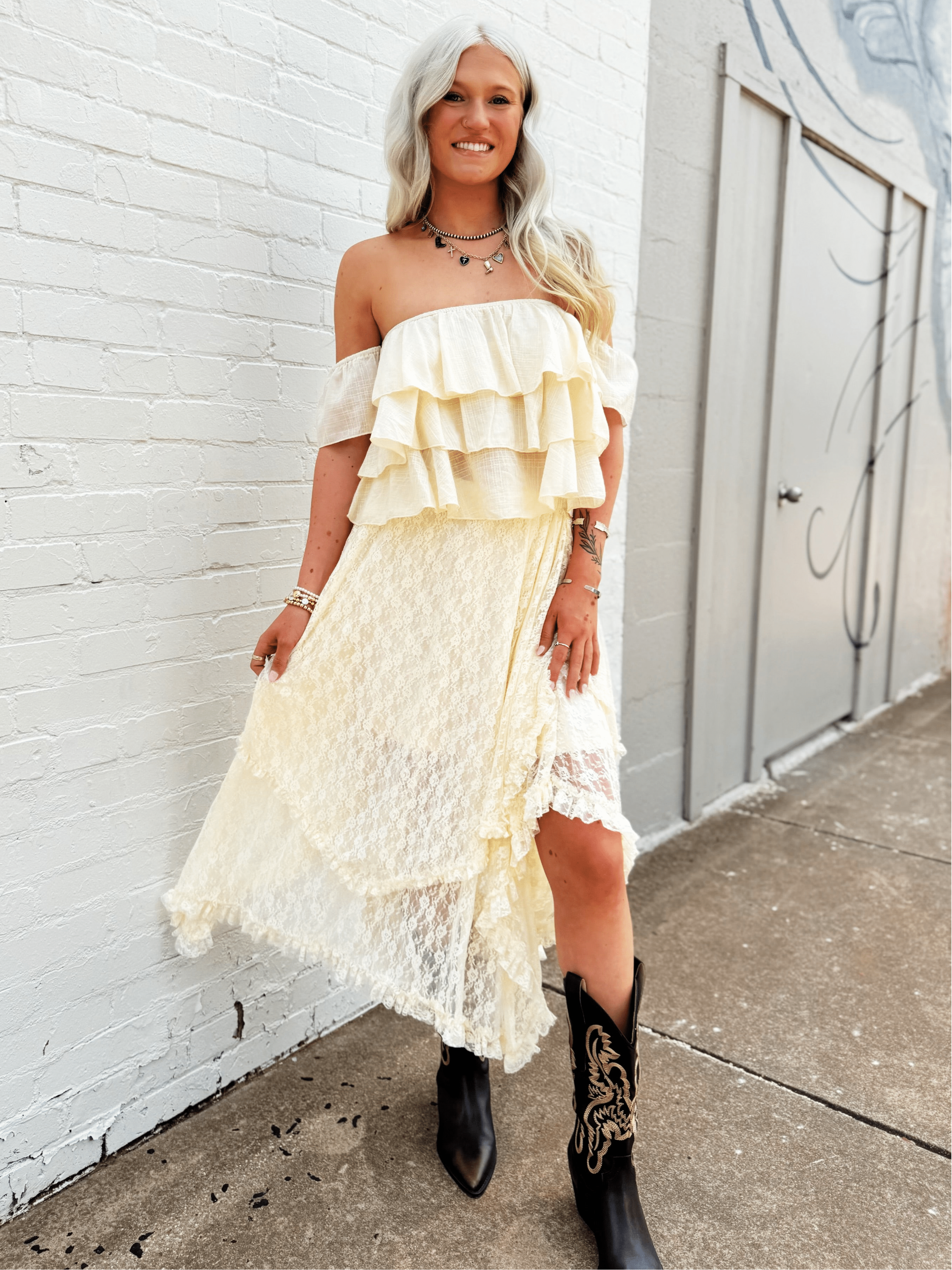 Lace Tier Midi Skirt In Ecru - Infinity Raine