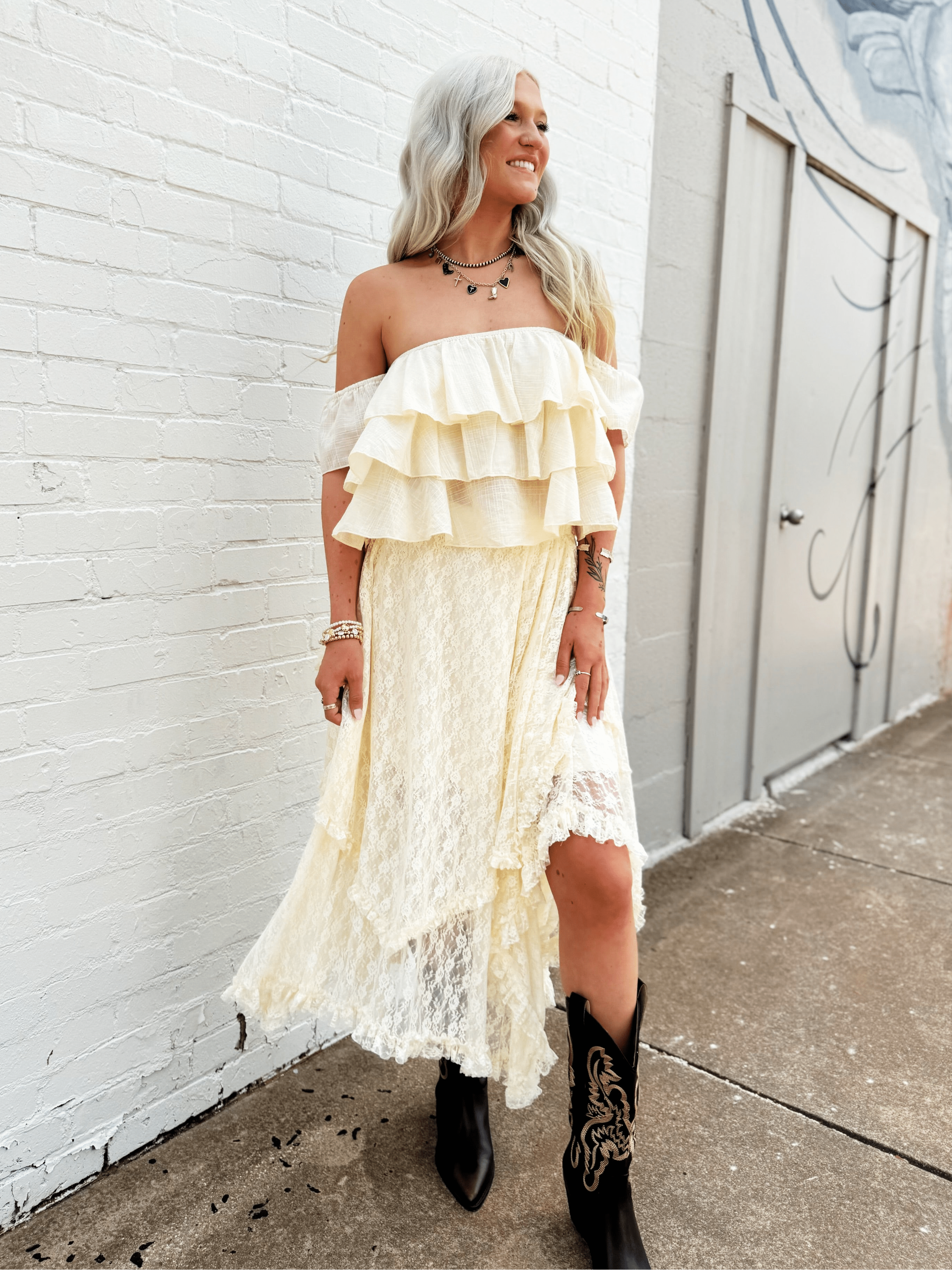 Lace Tier Midi Skirt In Ecru - Infinity Raine