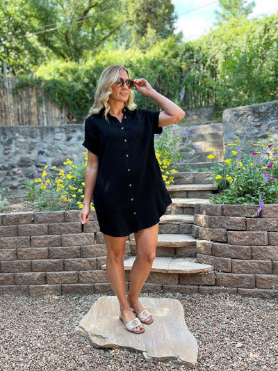 Button Up Shirt Dress-Black - Infinity Raine