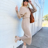 Bluivy Dresses Off Shoulder Side Slit Midi Knit Sweater Dress In Latte