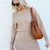 Bluivy Dresses Off Shoulder Side Slit Midi Knit Sweater Dress In Latte