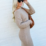 Bluivy Dresses Off Shoulder Side Slit Midi Knit Sweater Dress In Latte